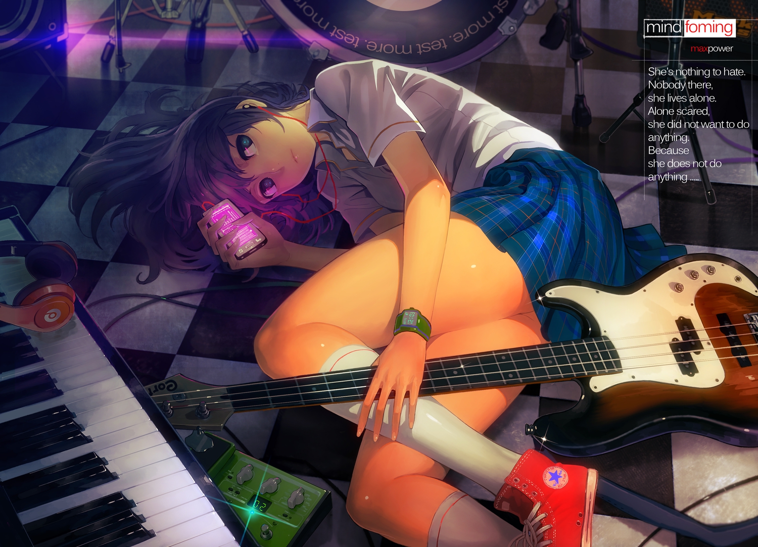 black_hair, guitar, headphones, instrument, ladic, music, original, school_uniform, short_hair, skirt