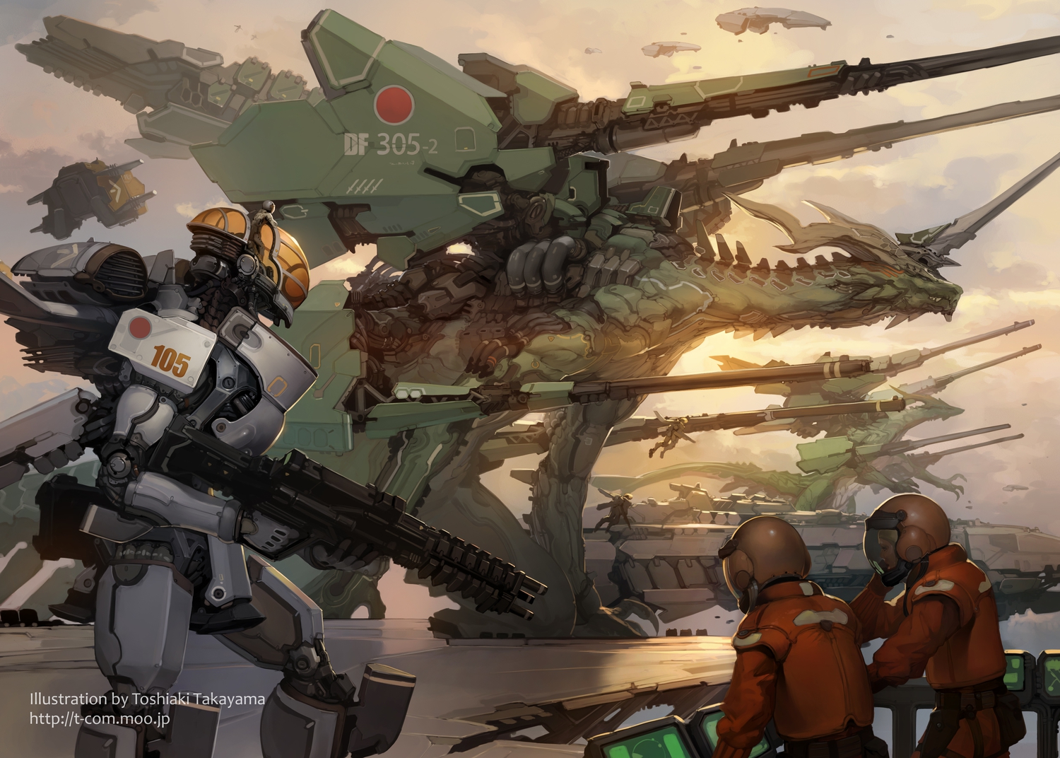 aircraft, armor, dragon, gun, mecha, military, original, takayama_toshiaki, uniform, watermark, weapon