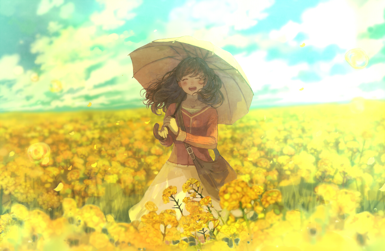 clouds, dress, flowers, original, petals, pon_(cielo), sky, umbrella, yellow