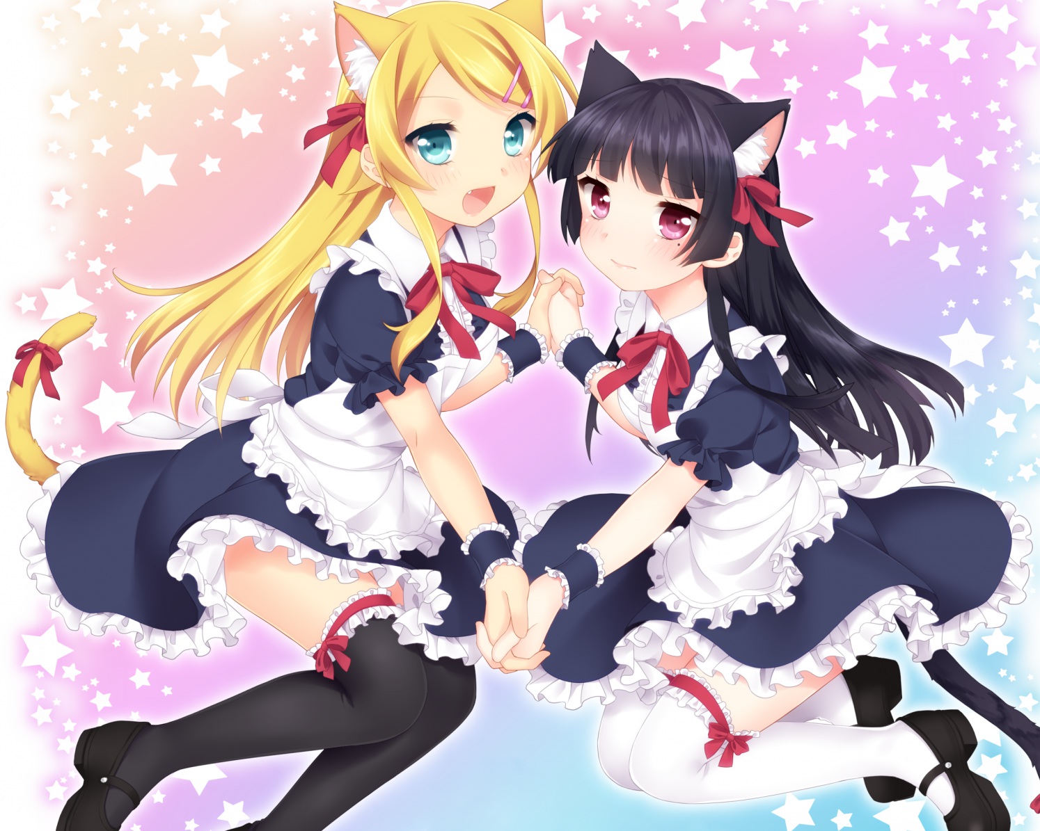 2girls, animal_ears, blush, etou_(cherry7), fang, gokou_ruri, kousaka_kirino, long_hair