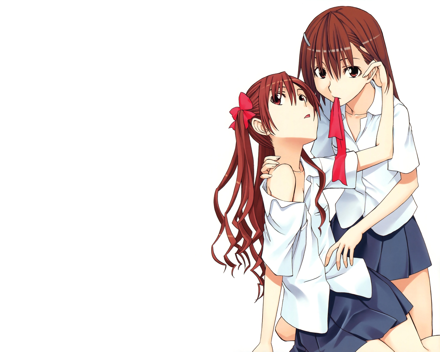 2girls, bow, brown_eyes, brown_hair, fuyukawa_motoi, long_hair, misaka_mikoto, school_uniform, shirai_kuroko, shoujo_ai, skirt, to_aru_kagaku_no_railgun, to_aru_majutsu_no_index, white
