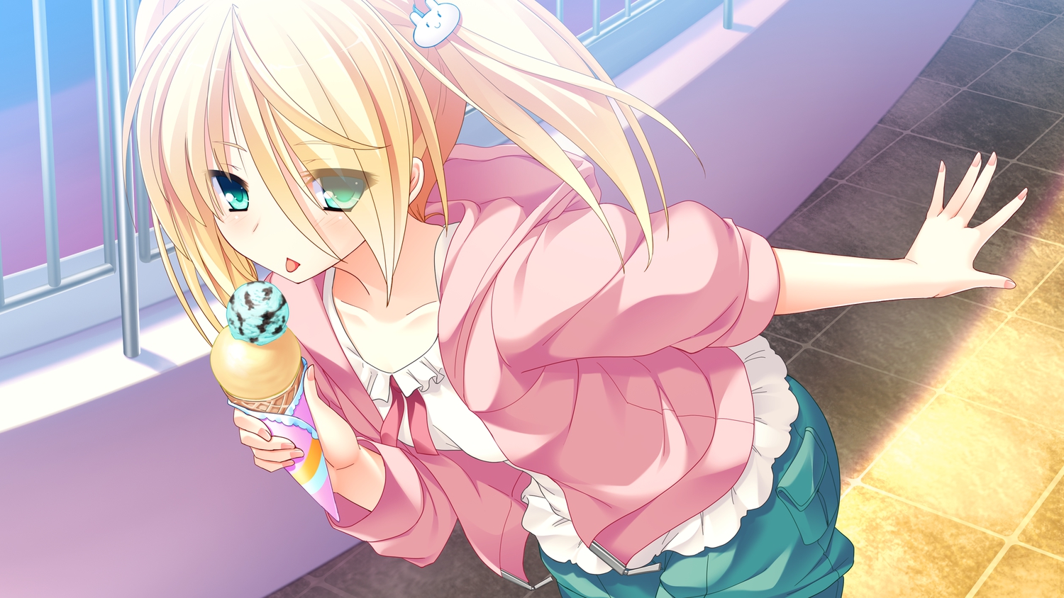 blonde_hair, blush, food, game_cg, green_eyes, ice_cream, lovera_bride, mutou_kurihito, yuuki_nao_(lovera_bride)