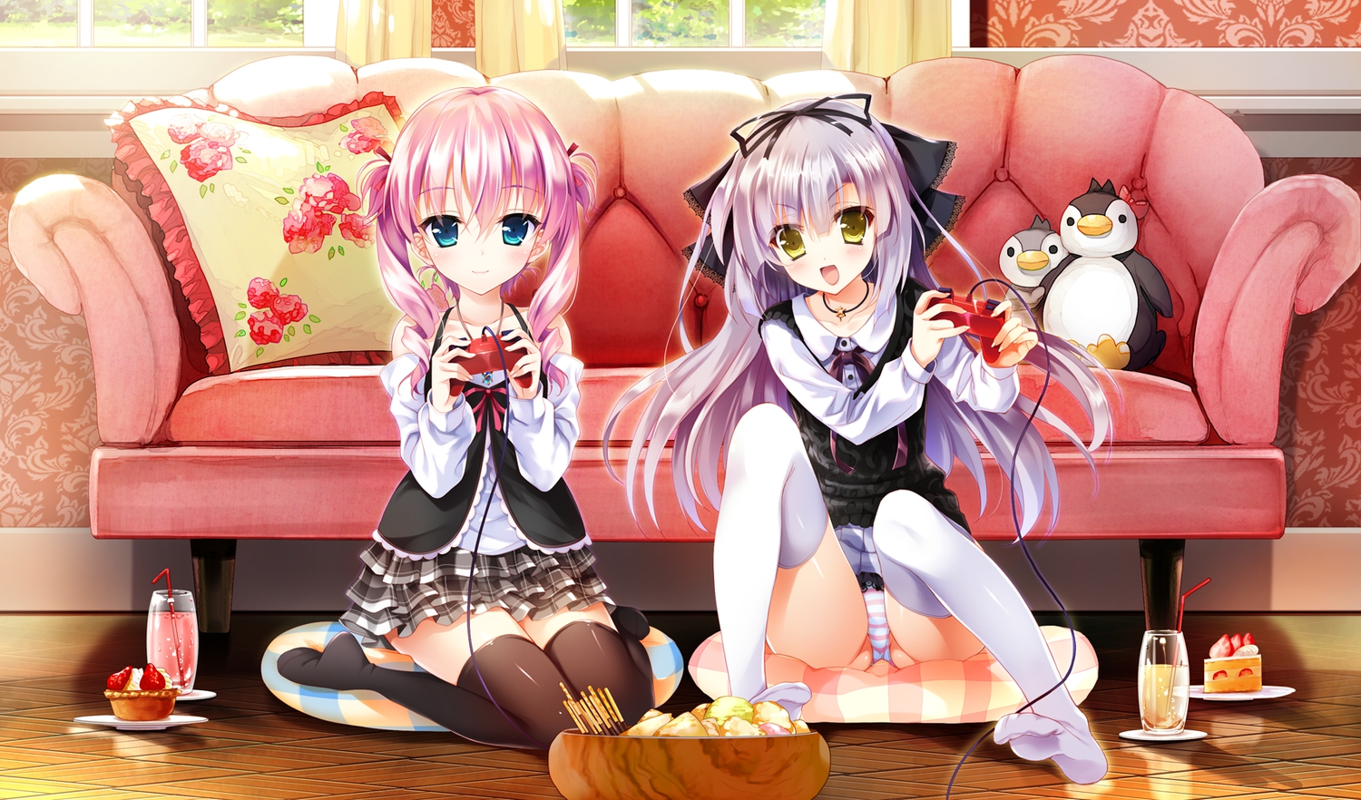 2girls, blue_eyes, cake, couch, drink, food, game_cg, hayakawa_harui, lass, michioka_airi, panties, pink_hair, pocky, purple_hair, shoujo_shiniki_shoujo_tengoku, takagi_sana, thighhighs, underwear, yellow_eyes