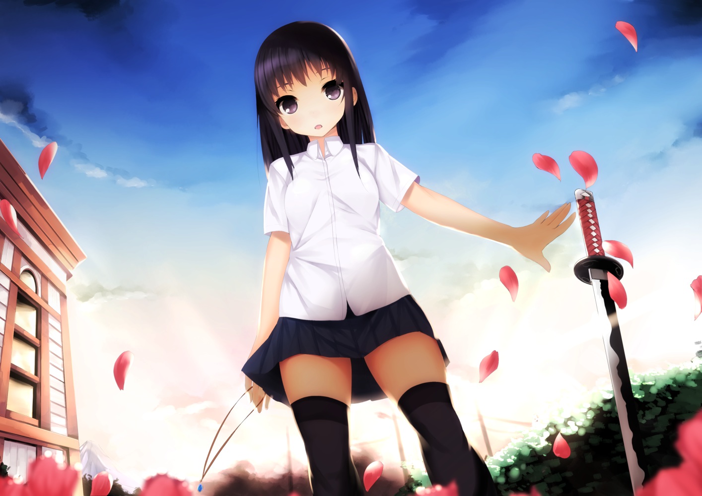 akagi_asahito, black_eyes, black_hair, katana, necklace, original, petals, sky, sword, thighhighs, weapon, zettai_ryouiki