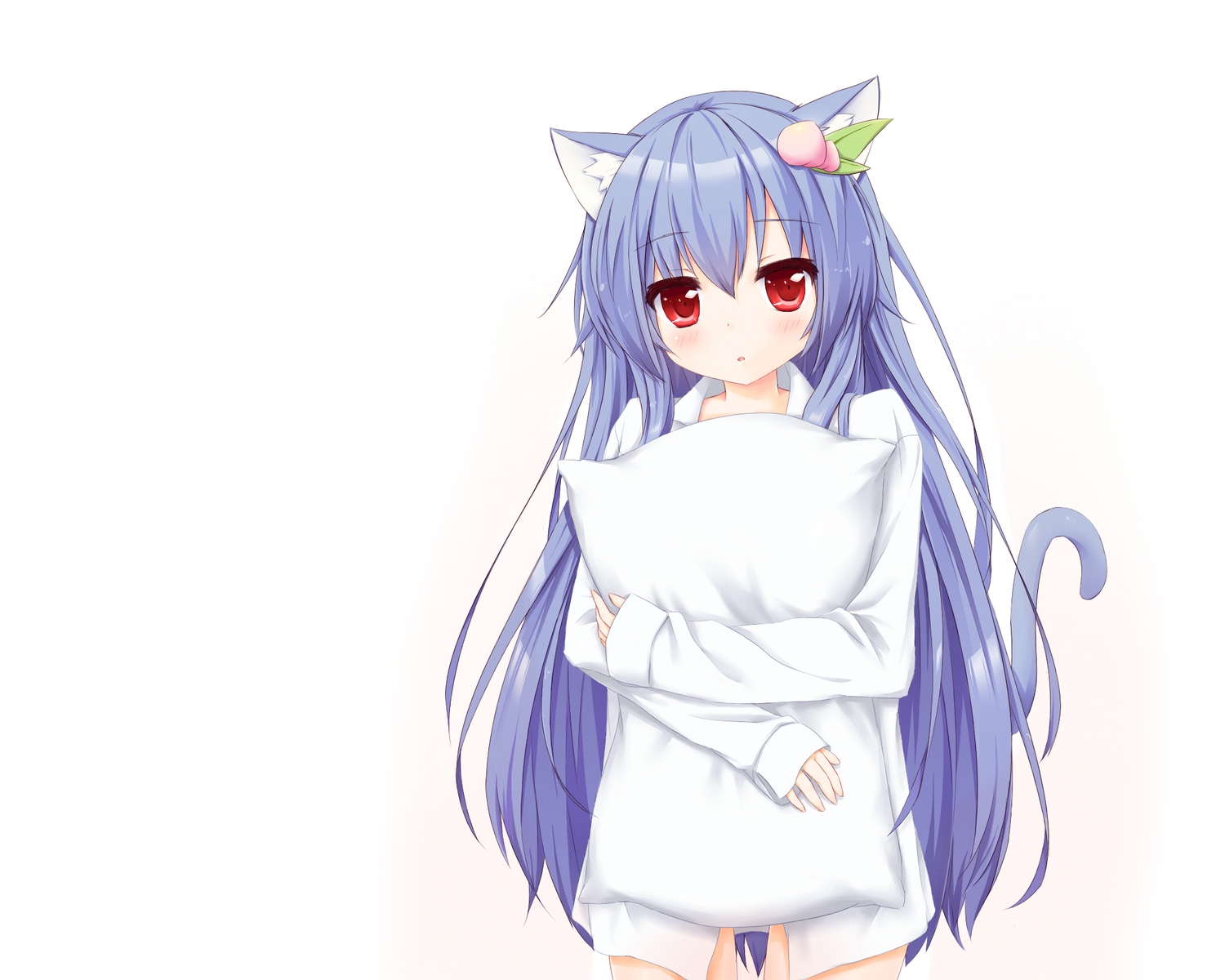 aliasing, animal_ears, blue_hair, blush, catgirl, hinanawi_tenshi, long_hair, plhsxf, red_eyes, shirt, touhou, white