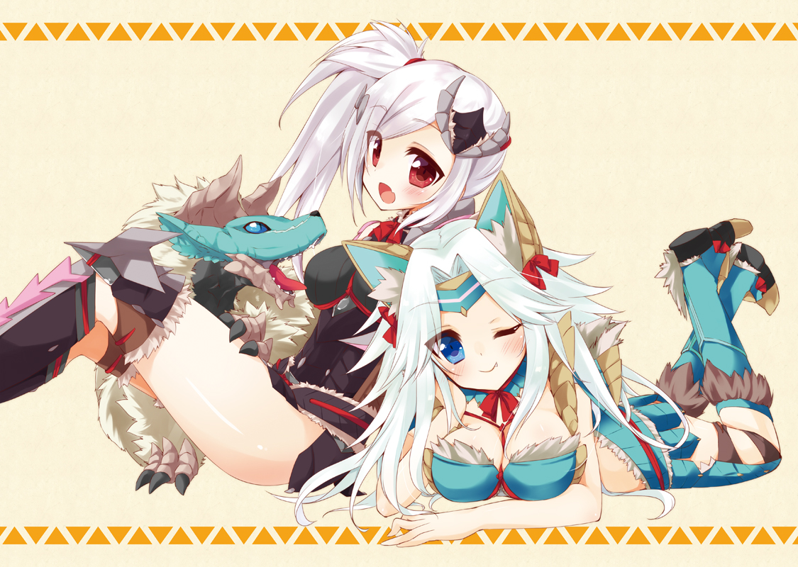 2girls, blue_eyes, blush, breasts, cleavage, fang, long_hair, mao_(alepricos), monster_hunter, red_eyes, white_hair, wink, zinogre_(armor)