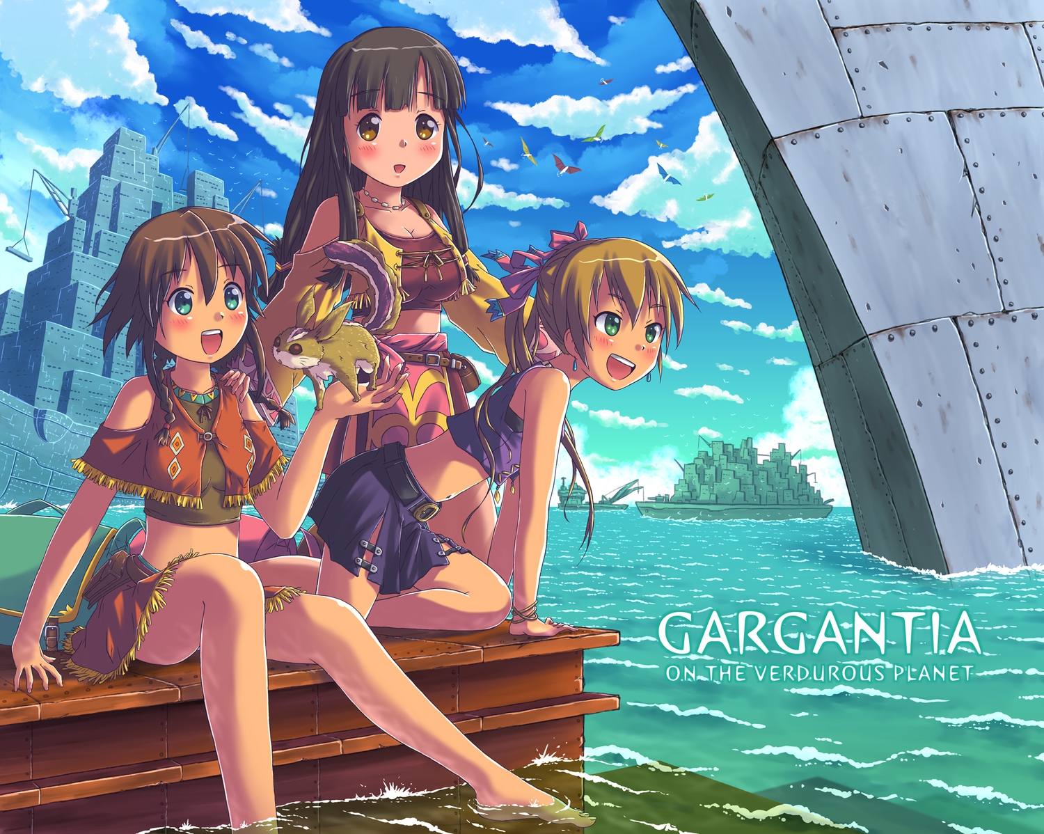 aki_(akisora_hiyori), amy_(suisei_no_gargantia), animal, barefoot, blush, boat, brown_hair, melty_(suisei_no_gargantia)
