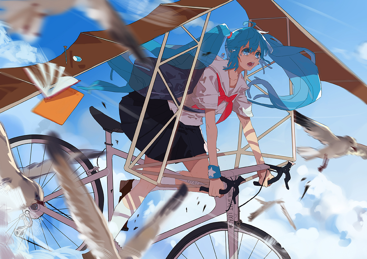 animal, bicycle, bird, book, clouds, hatsune_miku, kneehighs, school_uniform