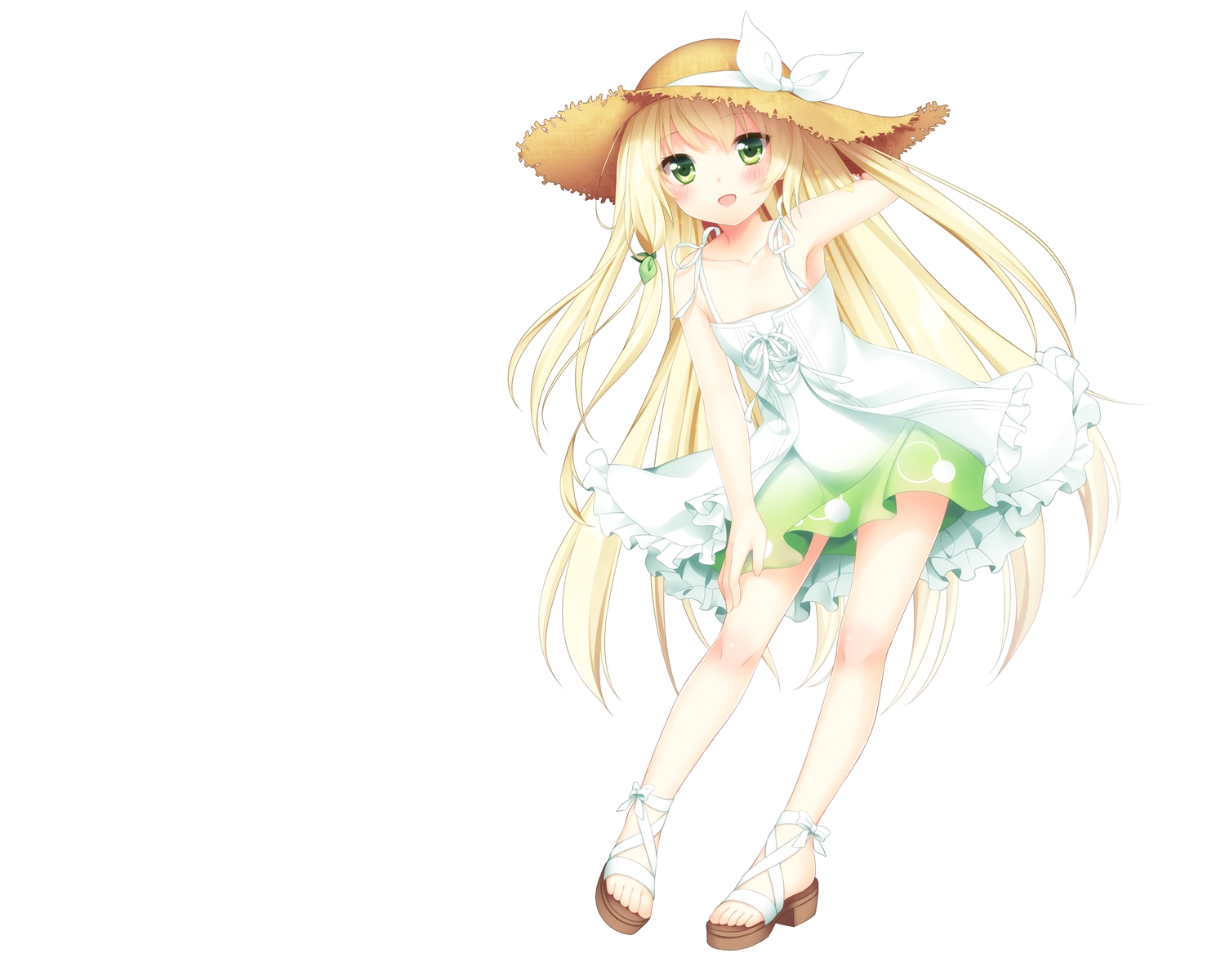 blonde_hair, blush, dress, etou_(cherry7), green_eyes, hat, summer_dress