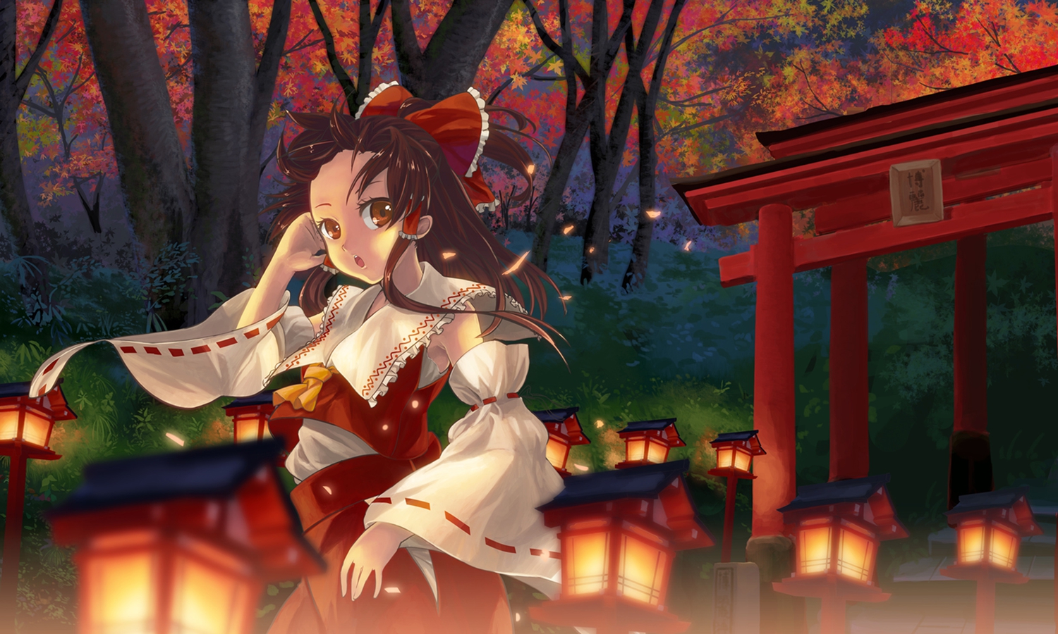 autumn, forest, hakurei_reimu, japanese_clothes, kinoto_(ruindivinity), leaves, miko, torii
