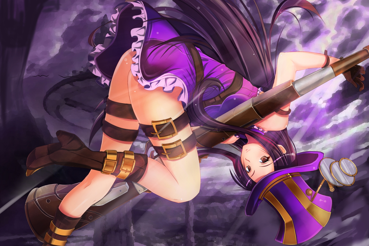 boots, caitlyn, gloves, gun, hat, league_of_legends, purple_hair, sakura_kaoru, weapon
