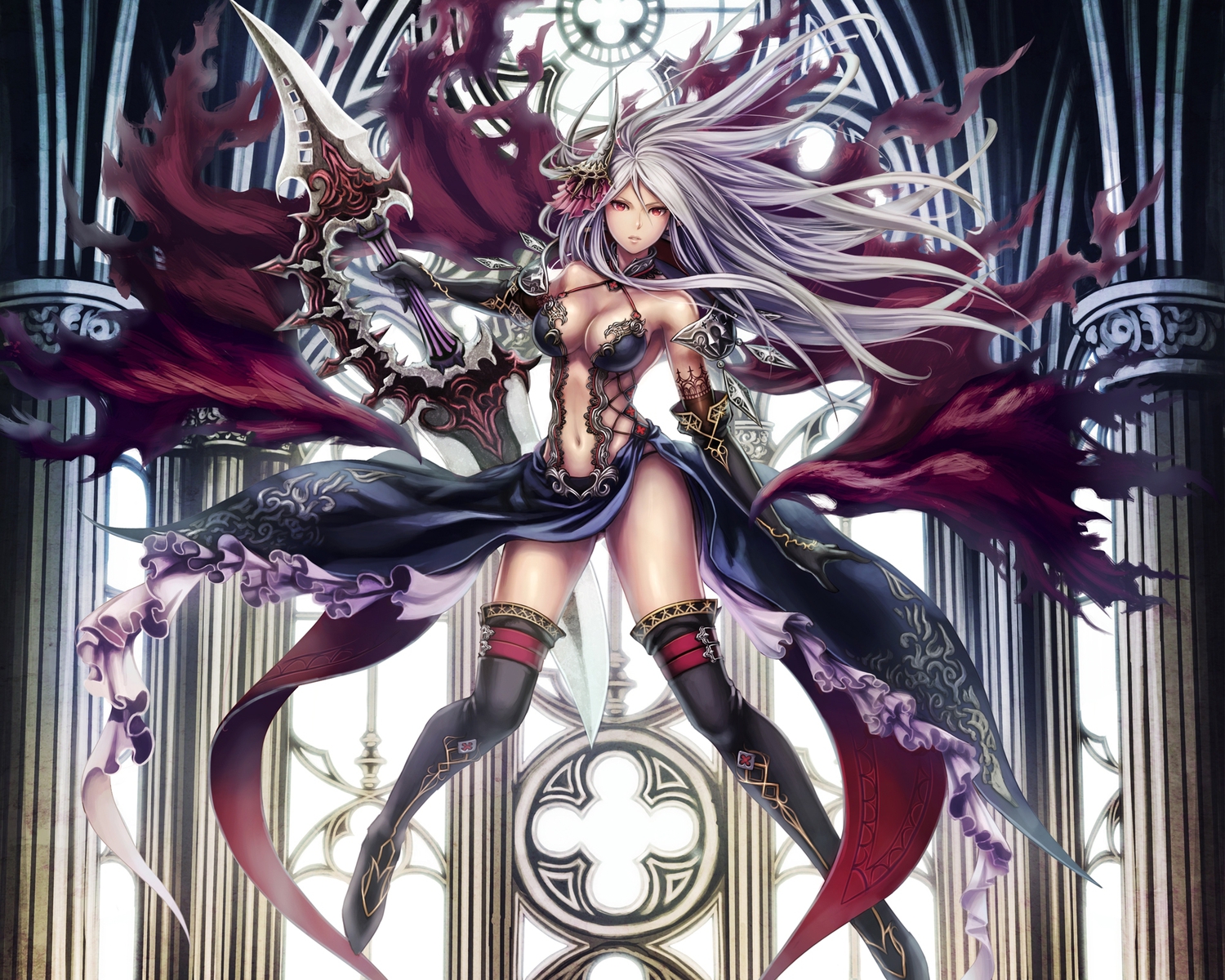 anbe_yoshirou, breasts, cape, cleavage, cropped, elbow_gloves, gloves, long_hair, navel, original, red_eyes, sword, thighhighs, weapon, white_hair