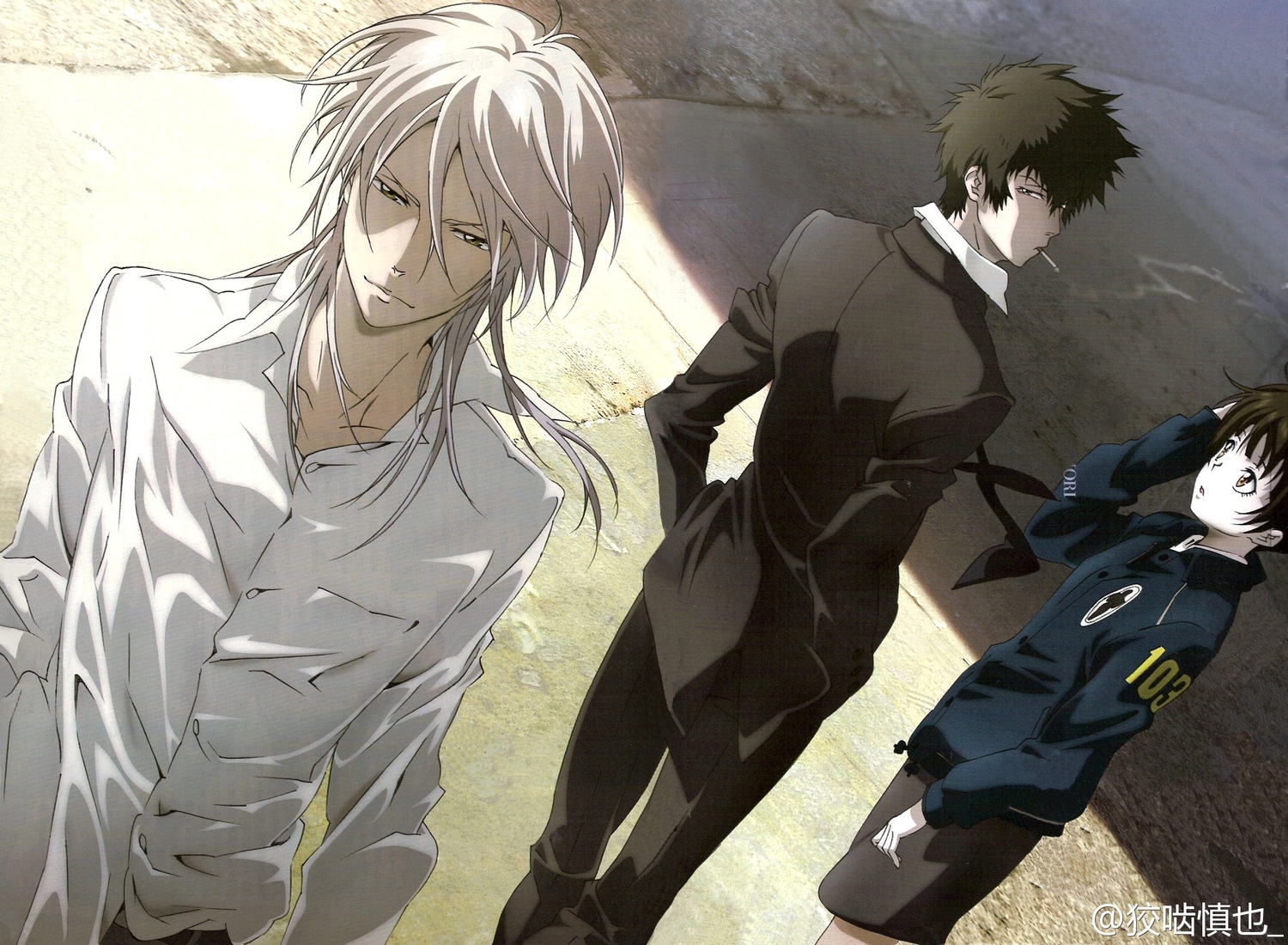 black_hair, brown_hair, cigarette, kougami_shinya, makishima_shougo, male, psycho-pass, scan
