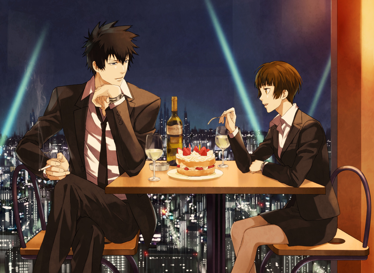 black_hair, blue_eyes, brown_eyes, brown_hair, building, cake, cigarette, city