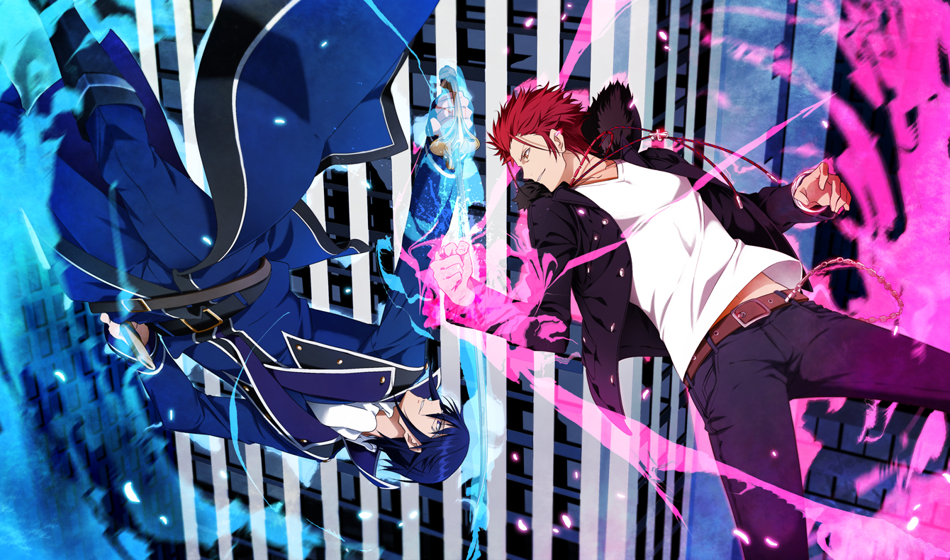 all_male, blue_eyes, blue_hair, fire, glasses, k_(anime), male, munakata_reishi, red_eyes, red_hair, suou_mikoto_(k), yun_(neo)