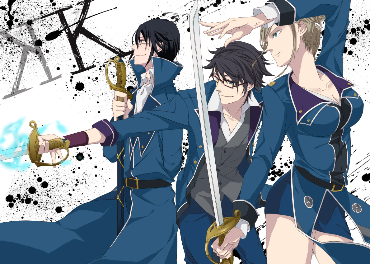 awashima_seri, black_hair, blonde_hair, blue_eyes, fushimi_saruhiko, glasses, k_(anime), munakata_reishi, sword, uniform, weapon