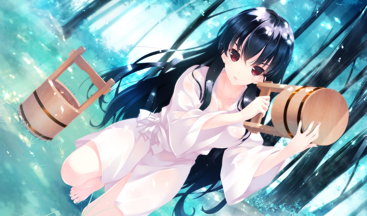 black_hair, game_cg, hayakawa_harui, long_hair, okushiro_yuki, red_eyes, shoujo_shiniki_shoujo_tengoku, tree, wet