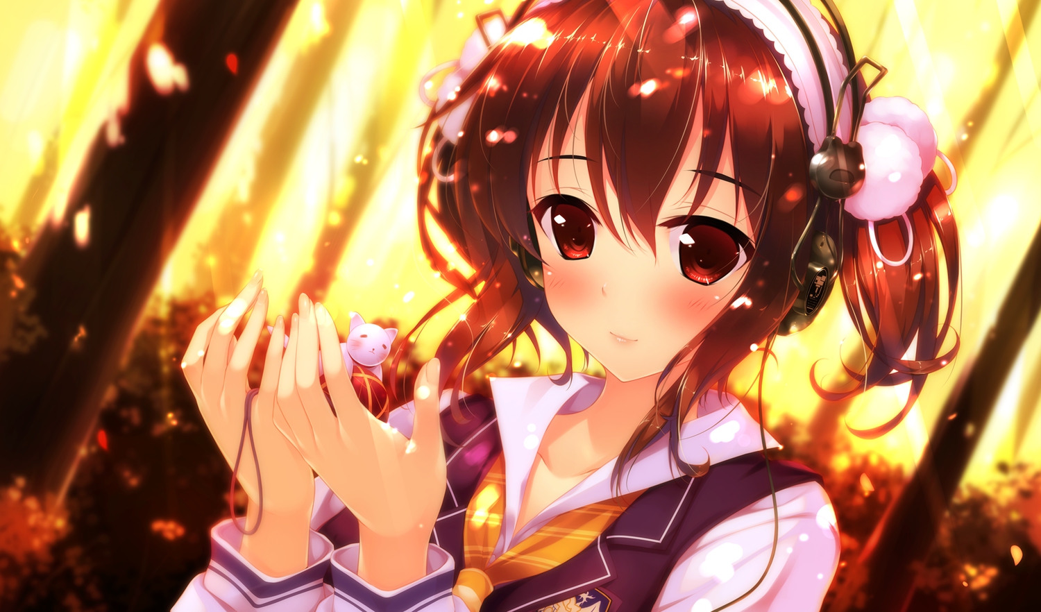 animal, brown_eyes, brown_hair, cat, game_cg, hayakawa_harui, headphones, school_uniform