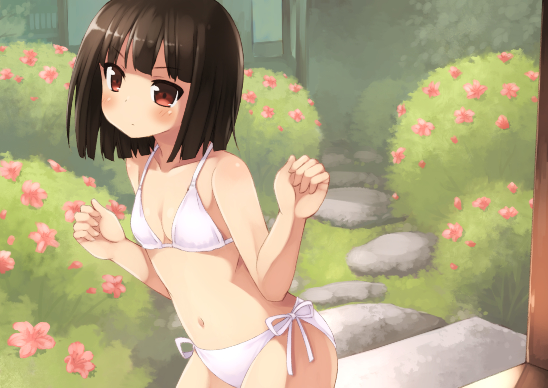 akemiho_tabi_nikki, bikini, blush, brown_eyes, brown_hair, flowers, fukube_tamaki, kouno_hikaru, navel, short_hair, swimsuit