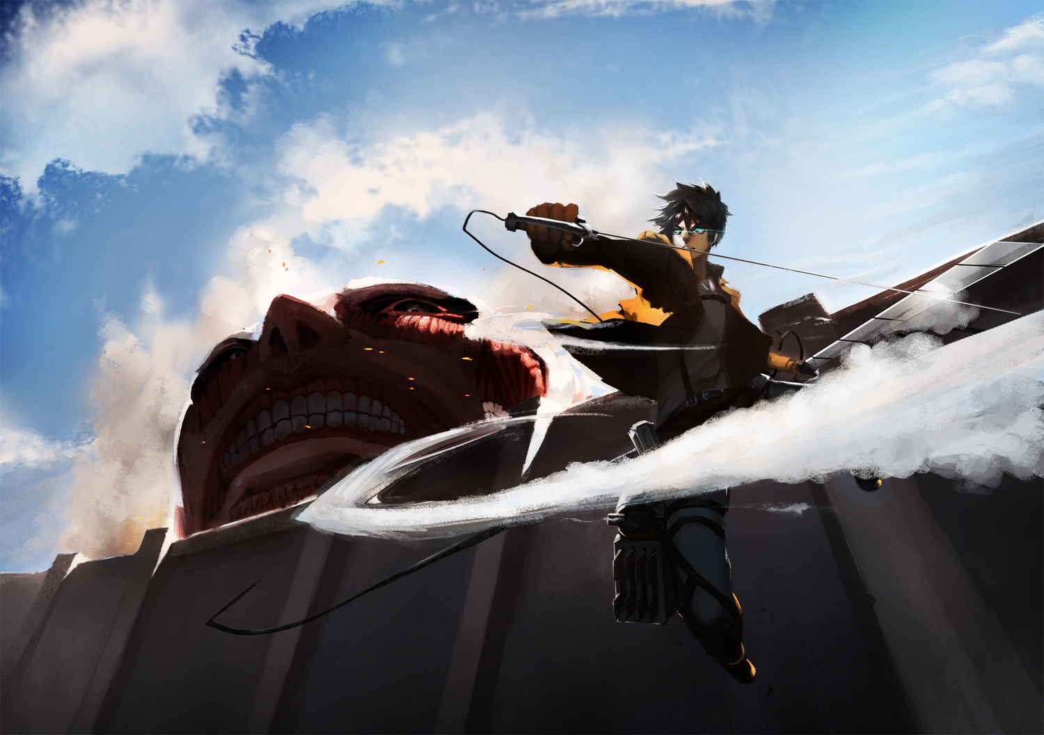 all_male, blackrabbitsoul, blue_eyes, boots, colossal_titan, eren_jaeger, male, shingeki_no_kyojin