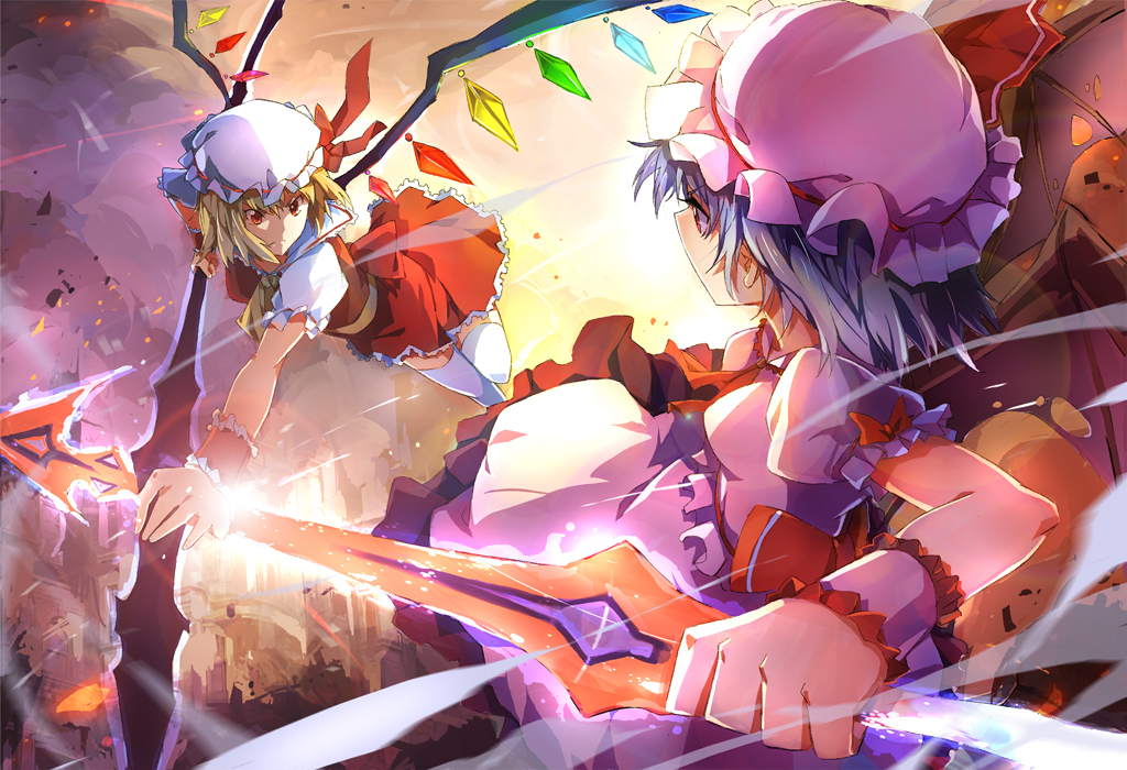 2girls, blonde_hair, flandre_scarlet, hat, purple_hair, remilia_scarlet, short_hair, thighhighs