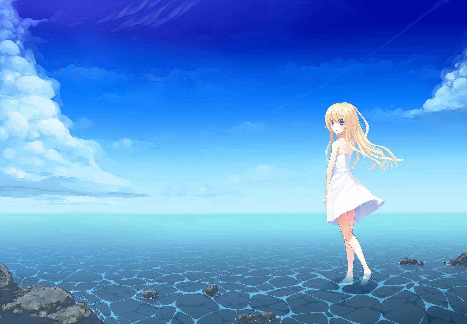 blonde_hair, blue_eyes, clouds, dress, original, sky, summer_dress, uttt