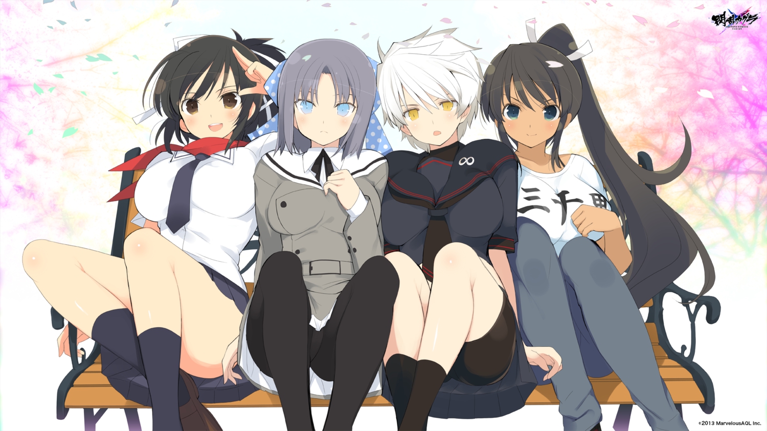 asuka_(senran_kagura), black_hair, blue_eyes, breasts, brown_eyes, dark_skin, homura_(senran_kagura), long_hair, miyabi_(senran_kagura), scarf, school_uniform, senran_kagura, skirt, tie, white_hair, yaegashi_nan, yellow_eyes, yumi_(senran_kagura)