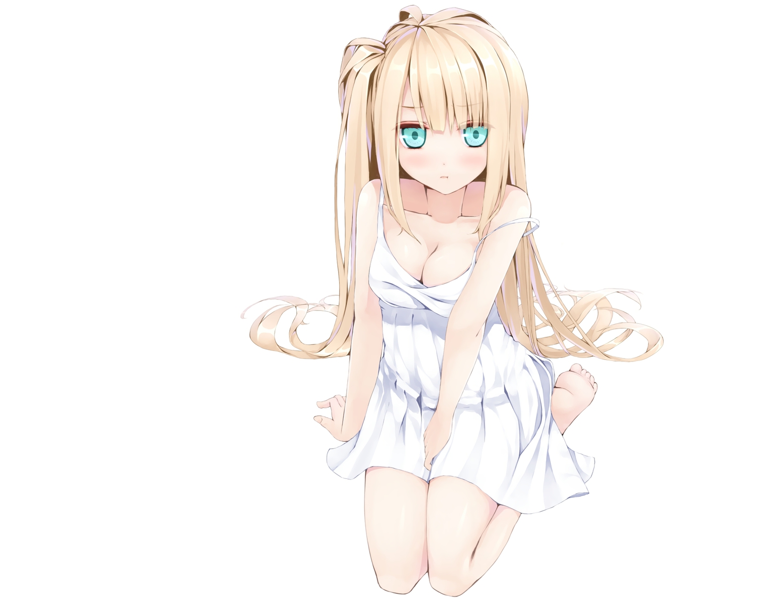 barefoot, blonde_hair, blue_eyes, breasts, cleavage, dress, long_hair, original, summer_dress, uttt