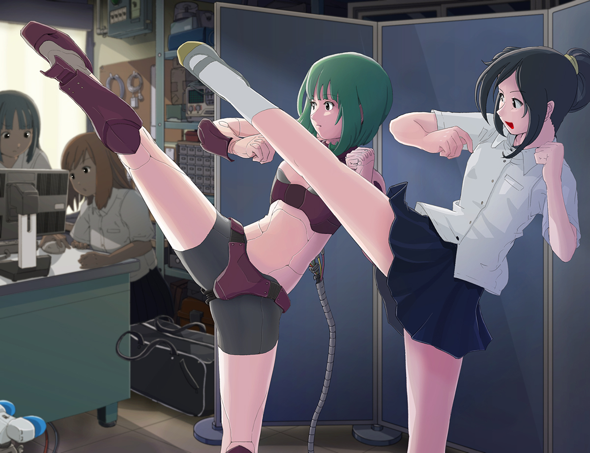 black_eyes, black_hair, blue_hair, brown_hair, computer, green_hair, group, original