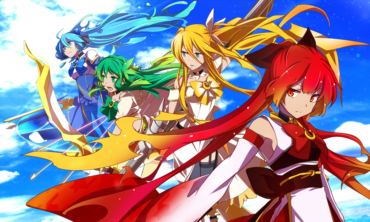 bow_(weapon), gumi, gun, haru_aki, hatsune_miku, lily_(vocaloid), nekomura_iroha, scythe, vocaloid, weapon