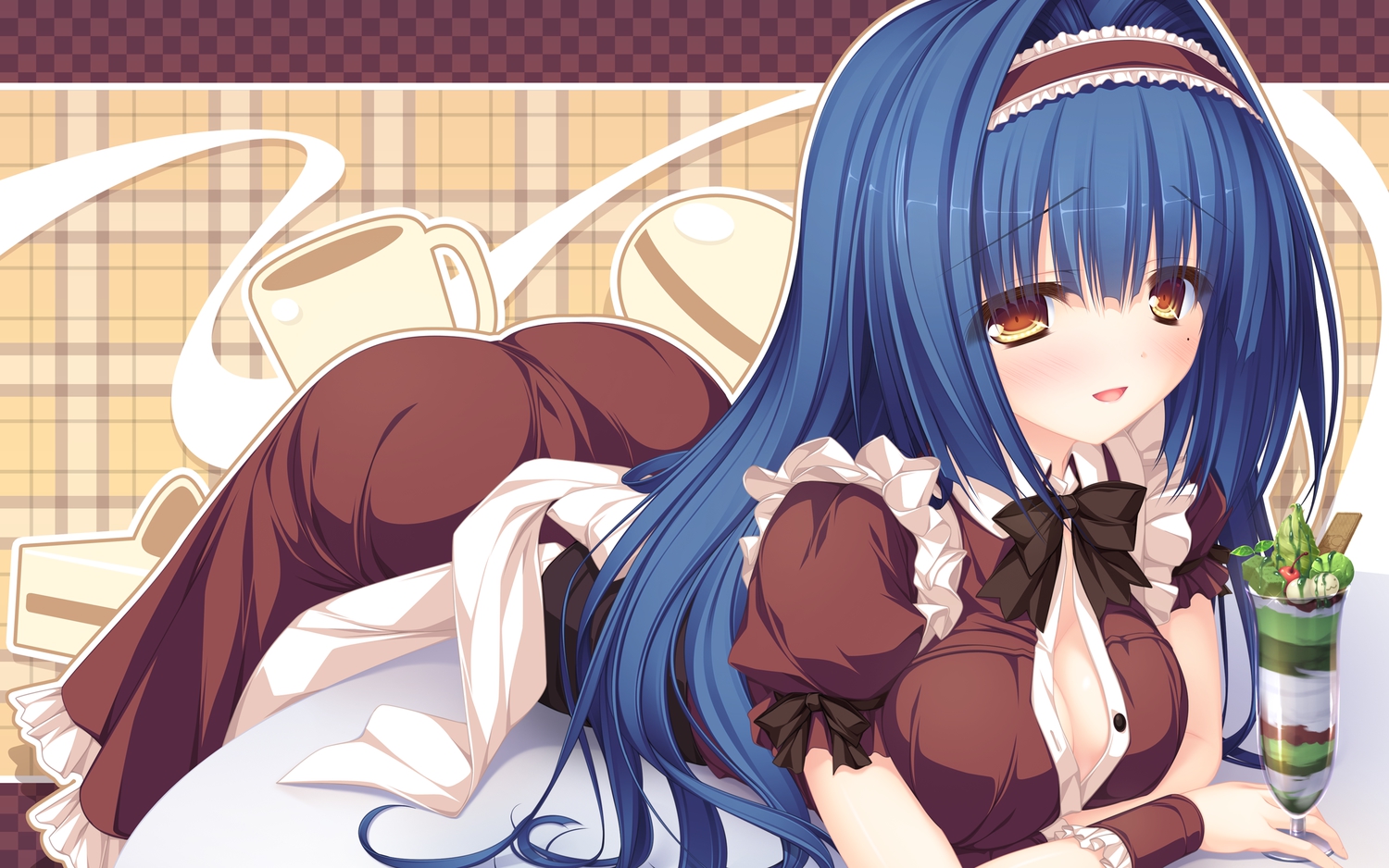 breasts, cleavage, headband, justy_x_nasty, long_hair, mikagami_mamizu, ootsuki_karin, waitress