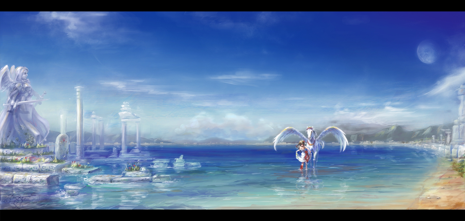 animal, dress, miyai_haruki, moon, original, sky, water
