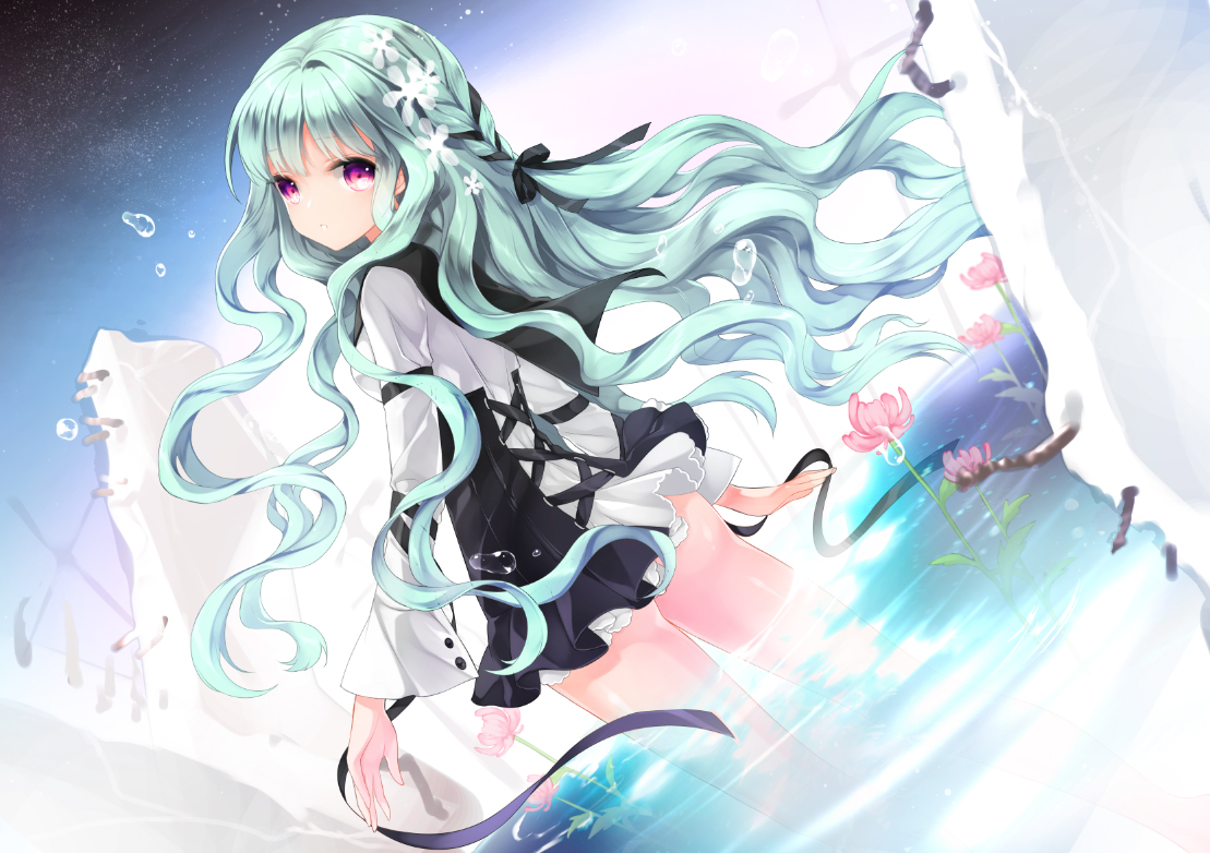 aqua_hair, dress, flowers, juna, original, pink_eyes, water, wet