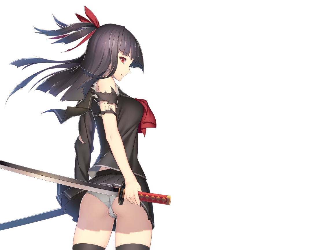 izumi_sai, original, panties, red_eyes, school_uniform, sword, thighhighs, torn_clothes, underwear, weapon, white