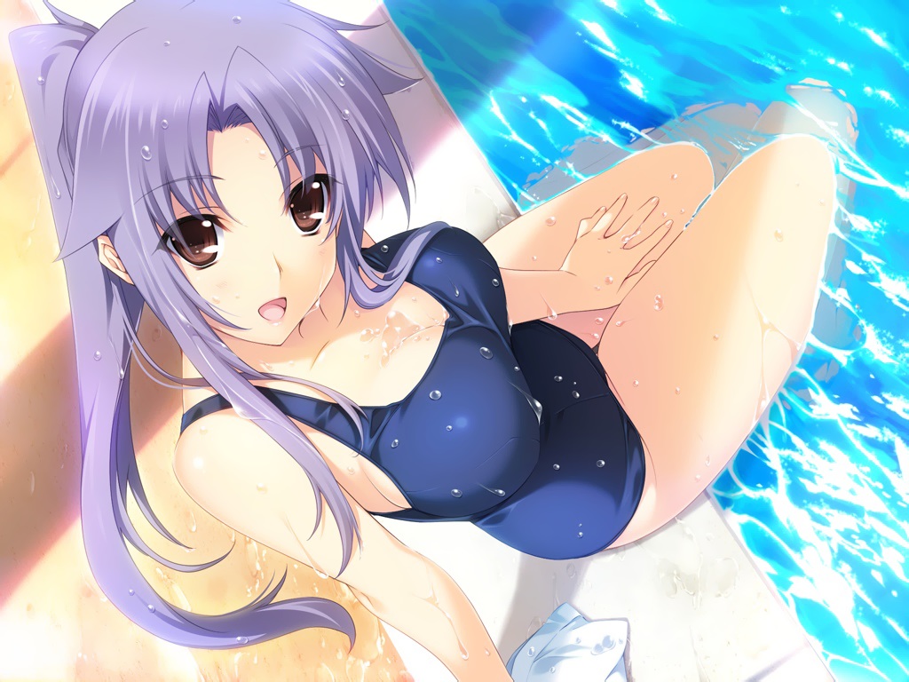 brown_eyes, game_cg, iizuki_tasuku, long_hair, lovely_x_cation, lovely_x_cation_2, narukawa_hime, ponytail, purple_hair, school_swimsuit, swimsuit, water, wet