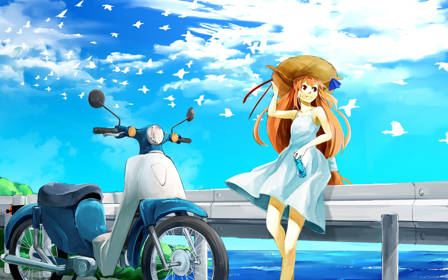 animal, bird, clouds, dress, drink, hat, horns, ibuki_suika
