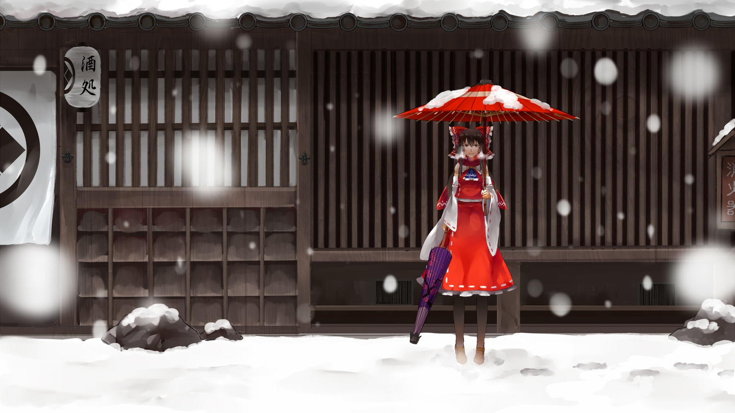 brown_eyes, brown_hair, hakurei_reimu, japanese_clothes, long_hair, miko, nishiuri, snow