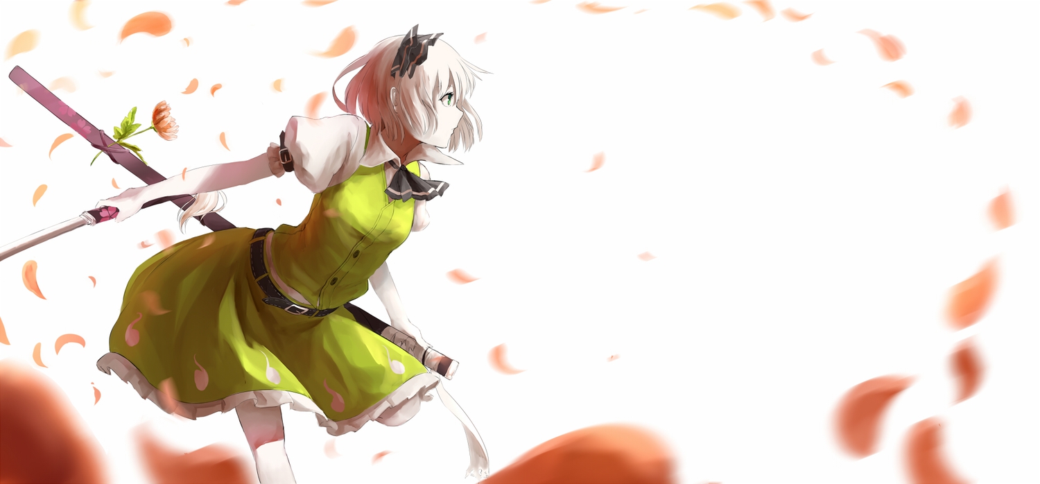 flowers, gray_hair, green_eyes, katana, konpaku_youmu, nishiuri, petals, short_hair, sword, touhou, weapon