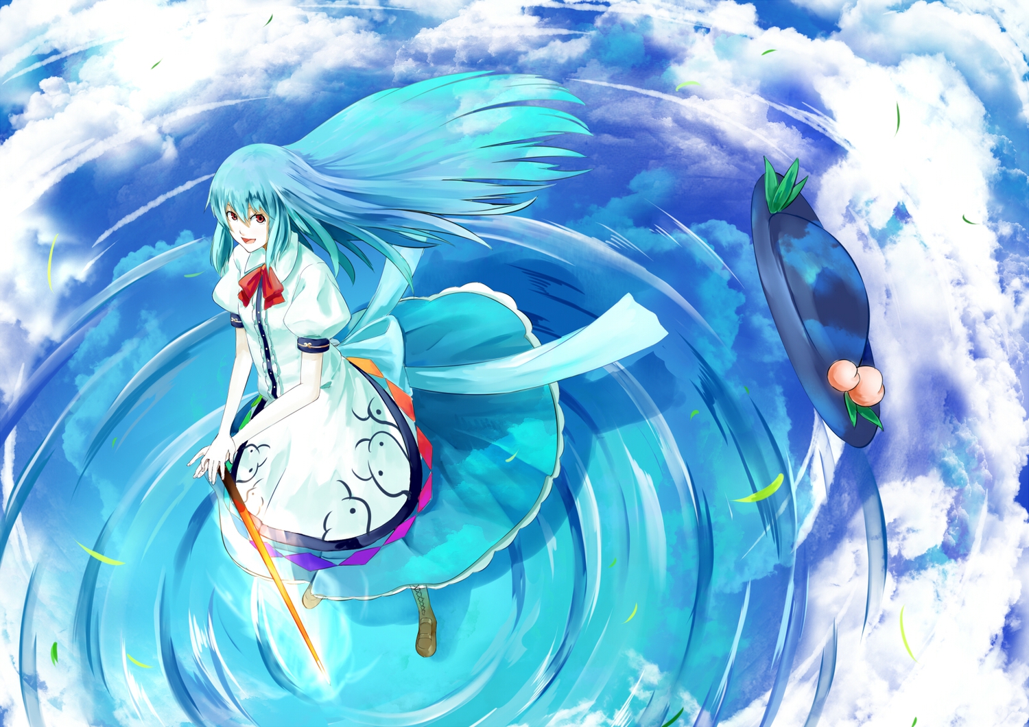 blue_hair, hinanawi_tenshi, long_hair, nishiuri, red_eyes, sword, touhou, water