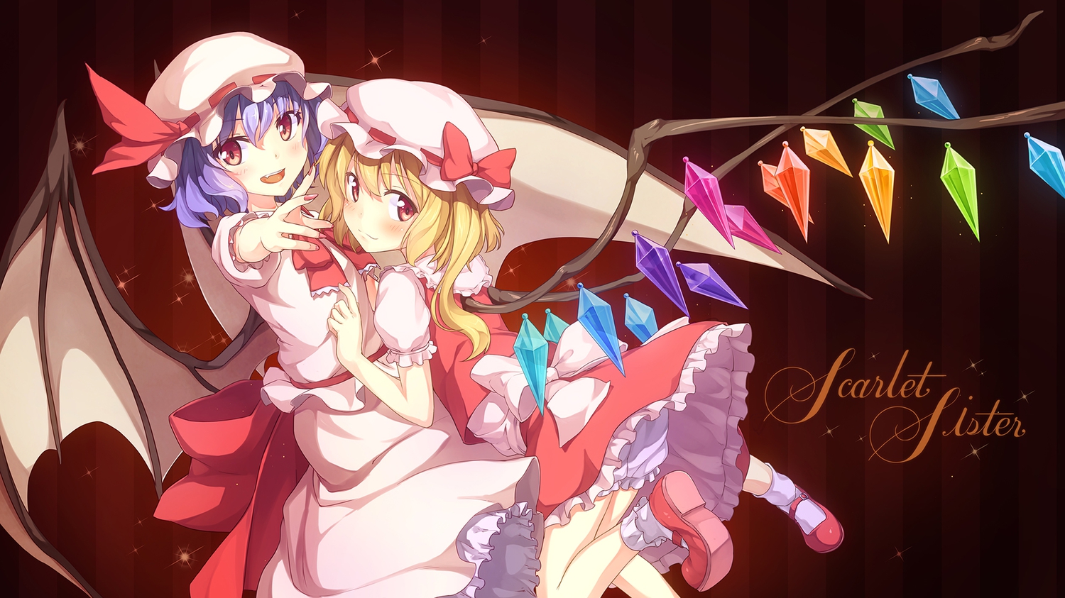 2girls, blush, flandre_scarlet, remilia_scarlet, shinonome_haru, short_hair, touhou, vampire
