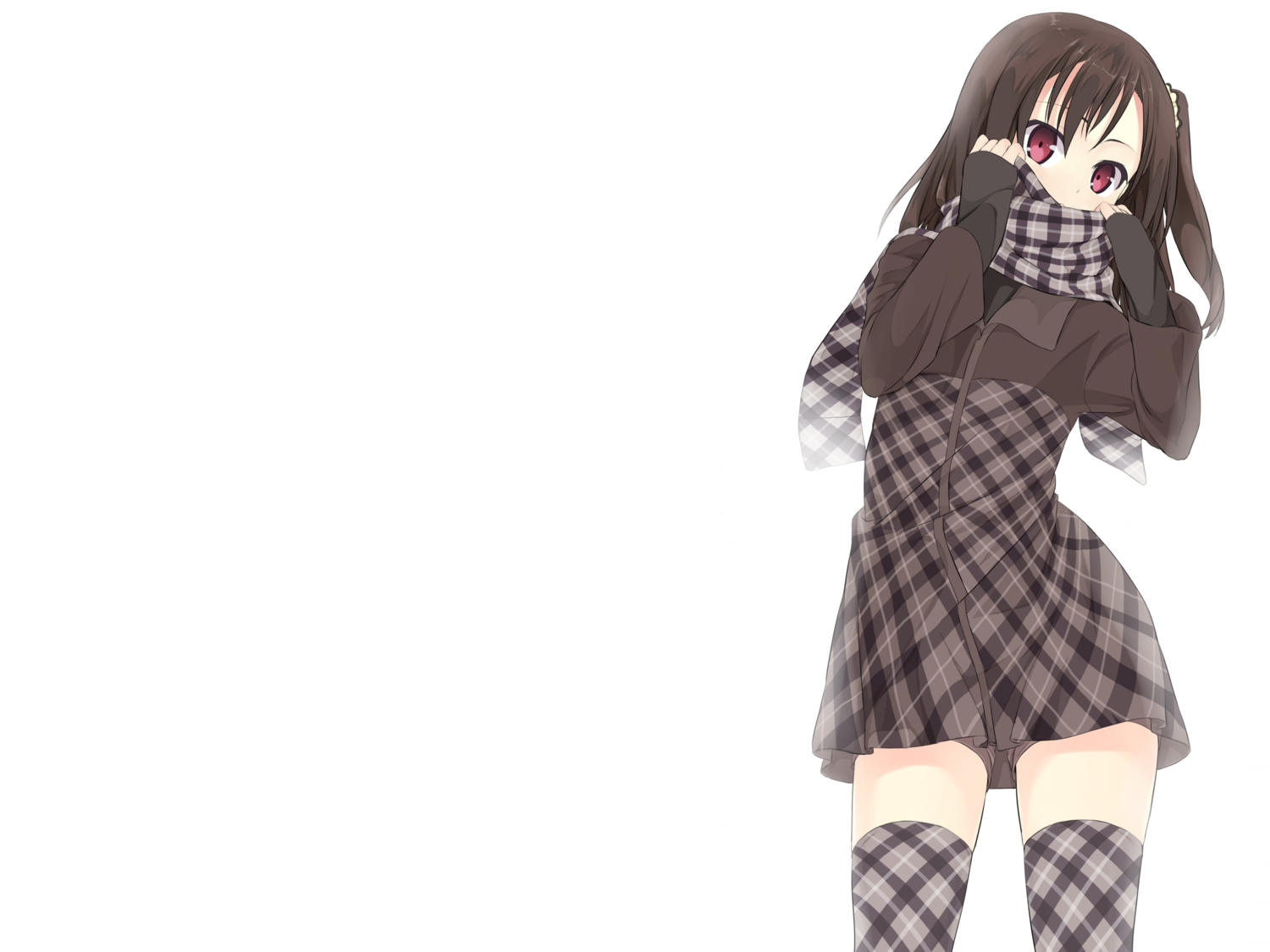 brown_hair, dress, hagane7728, red_eyes, scarf, shizuku_(kantoku), thighhighs, white