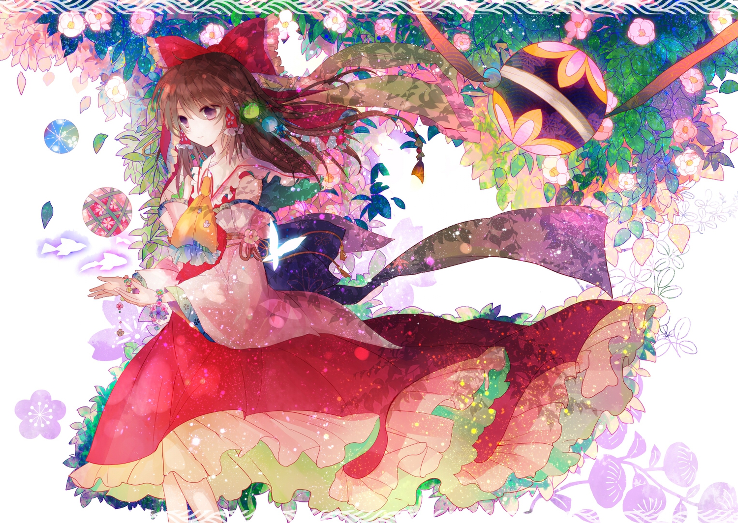 animal, ball, brown_hair, butterfly, fish, flowers, hakurei_reimu, japanese_clothes, kazu_(muchuukai), leaves, miko, purple_eyes, touhou