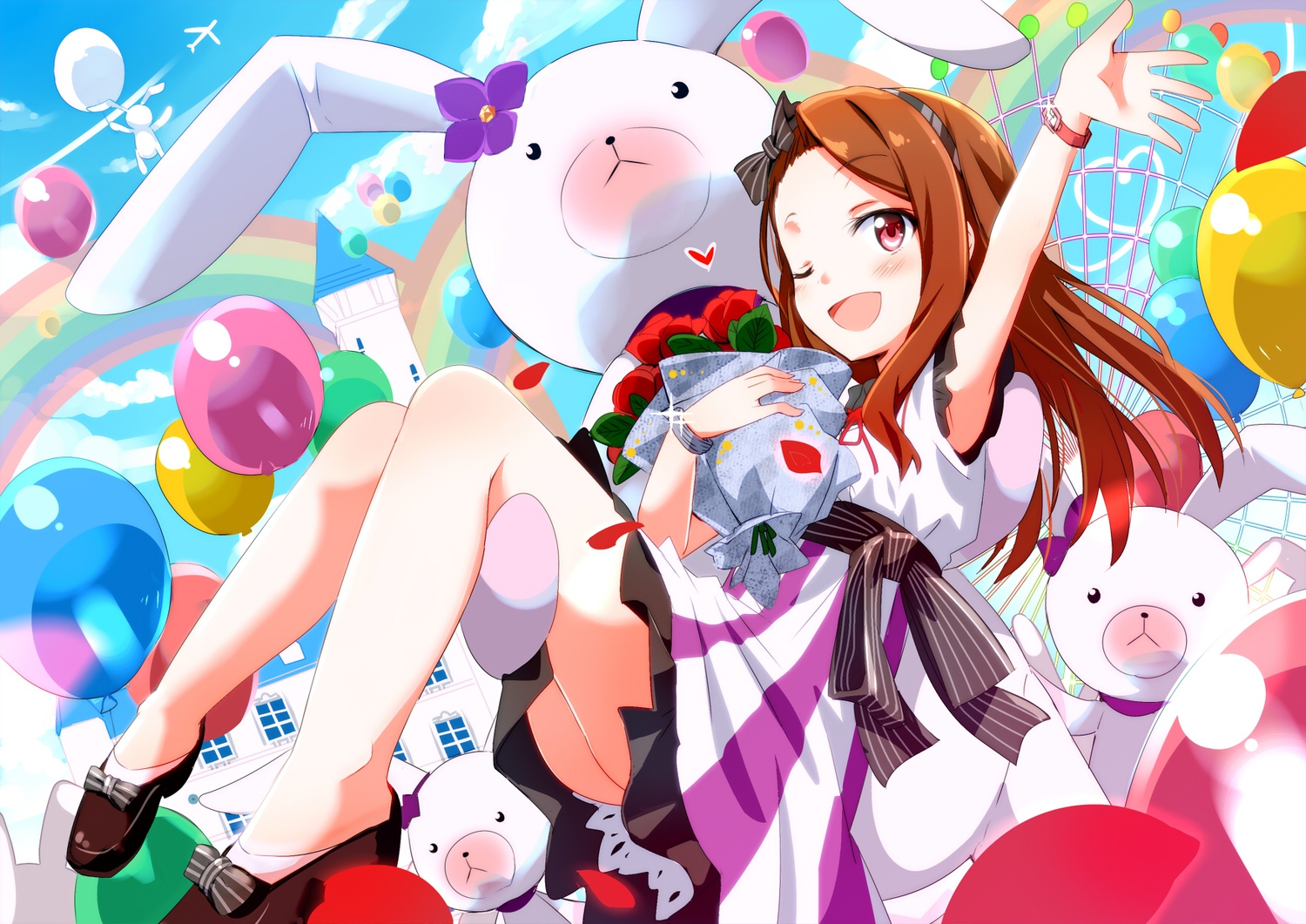 dress, flowers, gochou_(comedia80), idolmaster, minase_iori, tagme, teddy_bear, wink