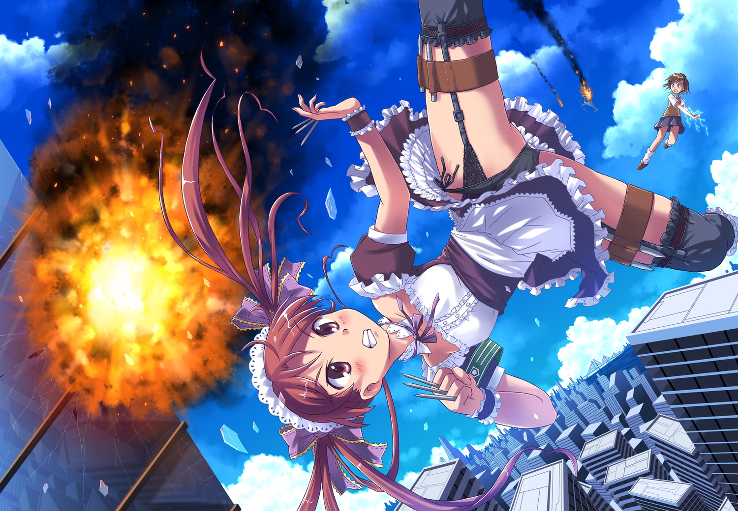 2girls, aki_(akisora_hiyori), blush, brown_eyes, brown_hair, building, choker, city, clouds, garter_belt, headdress, kneehighs, long_hair, maid, misaka_mikoto, panties, school_uniform, shirai_kuroko, short_hair, skirt, thighhighs, to_aru_kagaku_no_railgun, to_aru_majutsu_no_index, twintails, underwear, weapon