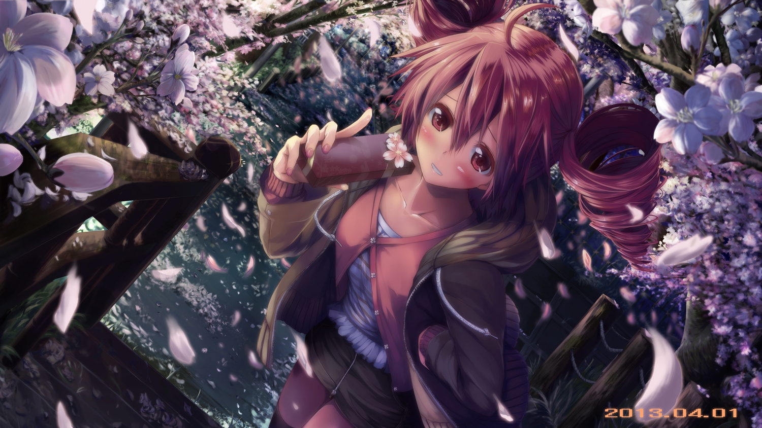 cherry_blossoms, daidou_(demitasse), flowers, kasane_teto, petals, red_eyes, red_hair, utau