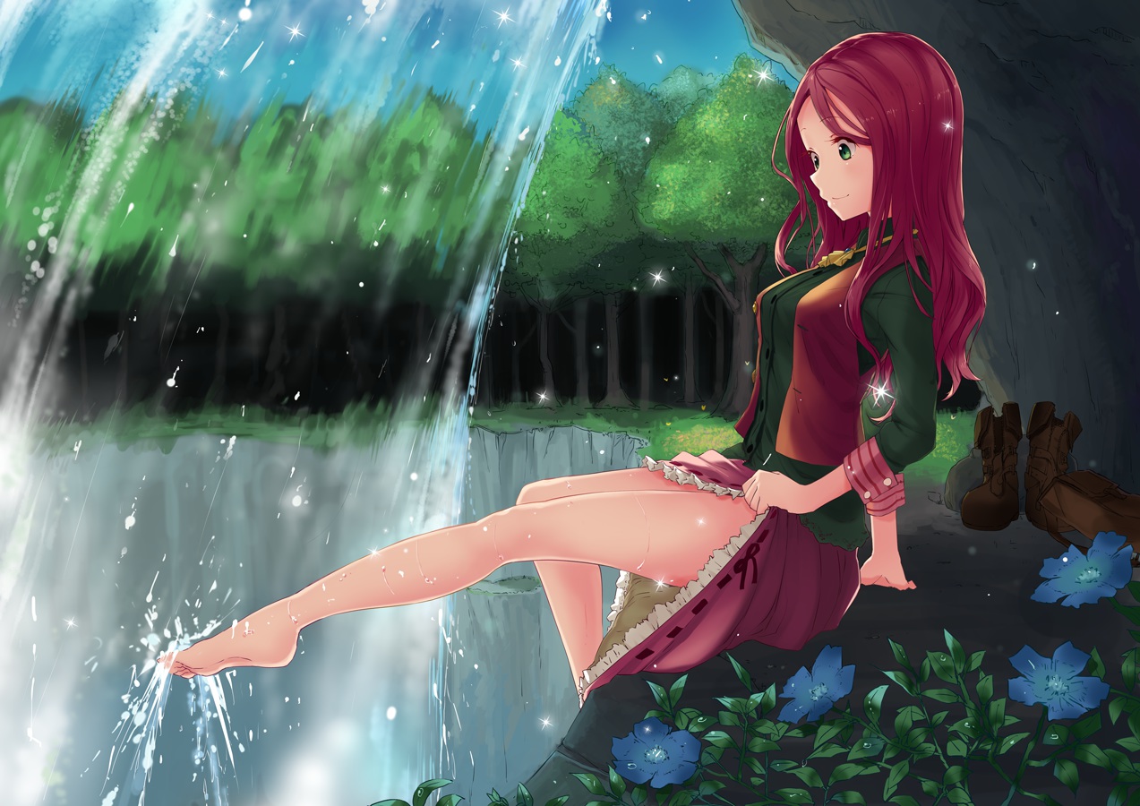barefoot, boots, flowers, green_eyes, juu., long_hair, original, red_hair, skirt, skirt_lift, water, waterfall