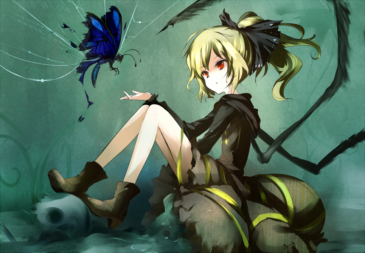 boots, butterfly, hood, kurodani_yamame, loxodon, red_eyes, touhou