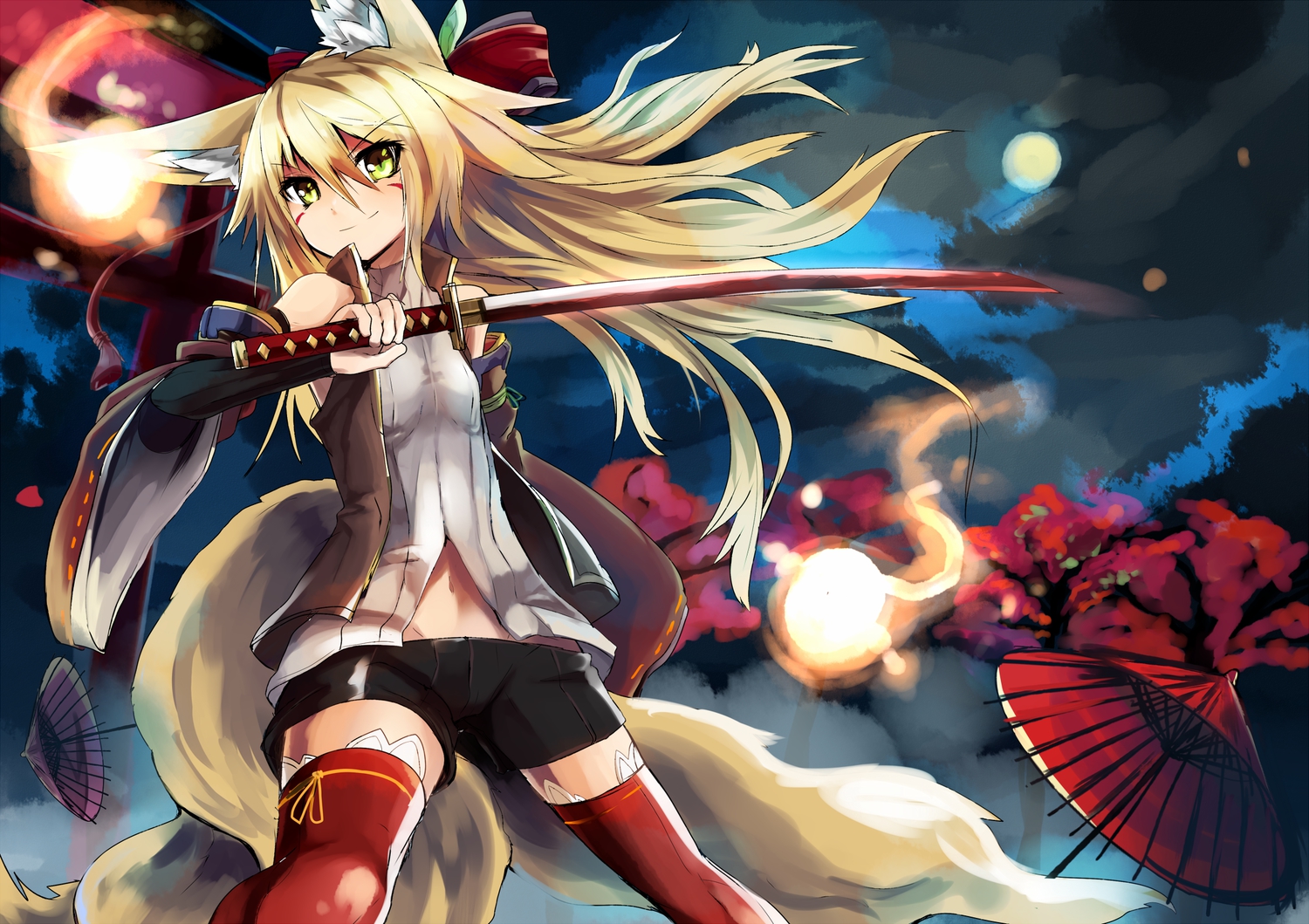 aliasing, animal_ears, blonde_hair, foxgirl, green_eyes, haik, katana, kokonoe_tsubaki, long_hair, navel, original, shorts, sword, tail, thighhighs, umbrella, weapon, zettai_ryouiki