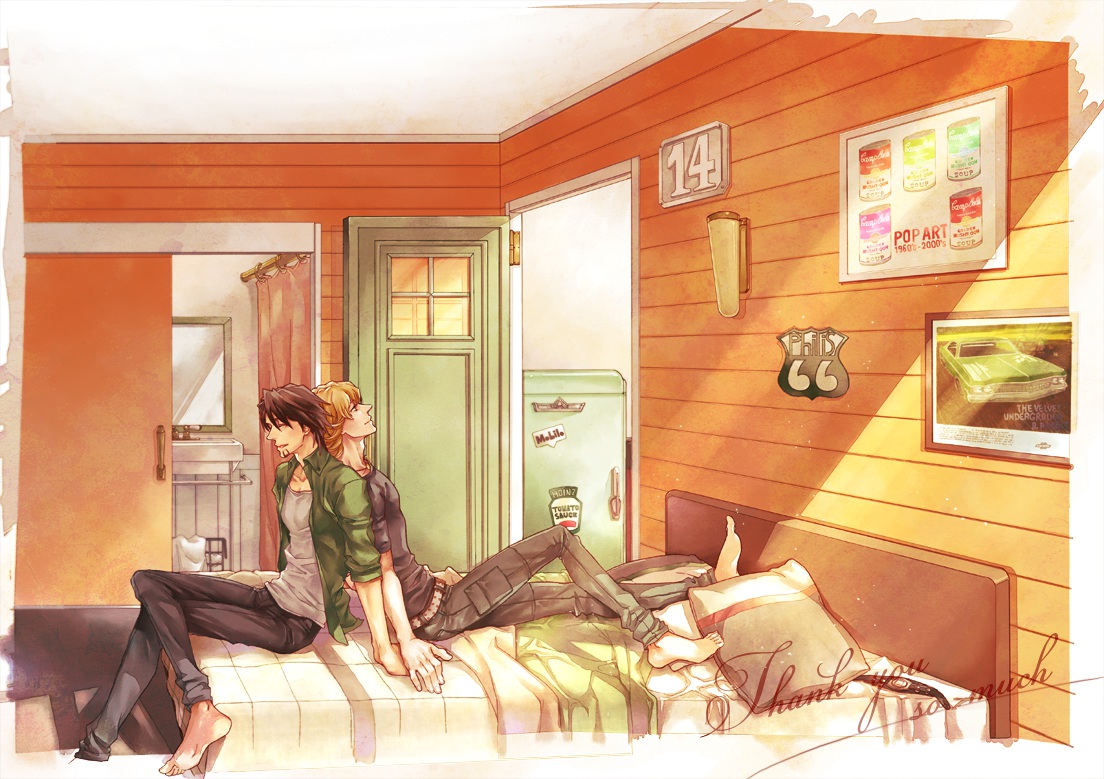 all_male, barefoot, barnaby_brooks_jr, bed, blonde_hair, brown_hair, celestial_g, kaburagi_t_kotetsu