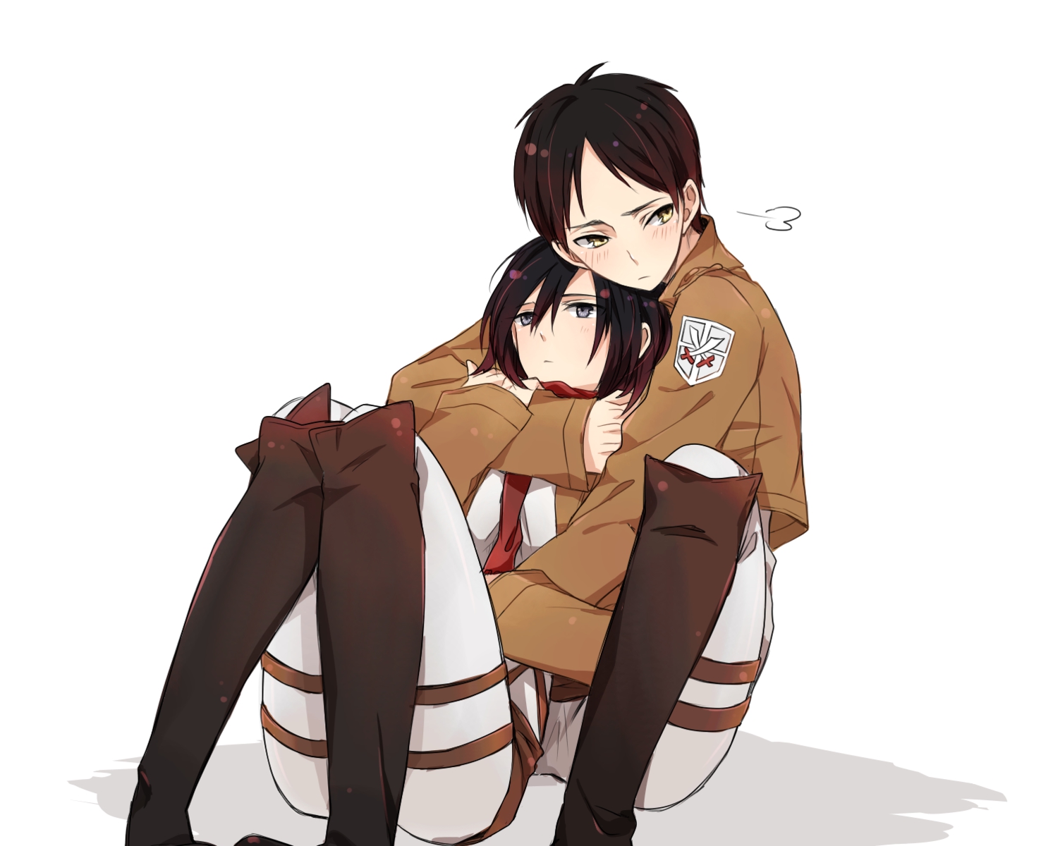 blush, cropped, eren_jaeger, hug, male, mikasa_ackerman, shingeki_no_kyojin, white, zubora_na_kintoki